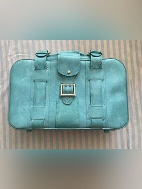 Rare Vintage “Three Star” Turquoise blue faux leather suitcase silver hardware